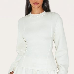 Petite Cream Long Sleeve Waist Cinched Sweatshirt