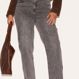 Shape Grey Hourglass Stretch Ripped Split Hem Straight Leg Jeans