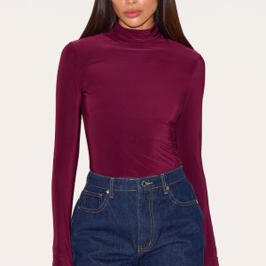Plum Slinky High Neck Thumb Detail Long Sleeve Top
