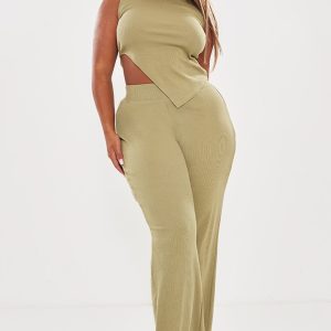 Shape Khaki Rib High Waisted Flare Trousers