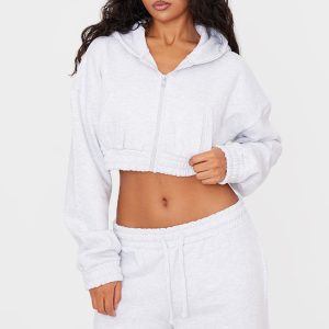 Ash Grey Premium Cropped Waistband Detail Hoodie