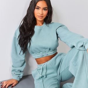 Petite Teal Crop Elasticated Sweat Top