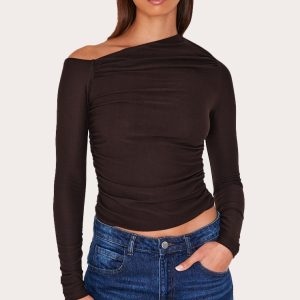 Chocolate Soft Touch Asymmetric Detail Long Sleeve Top