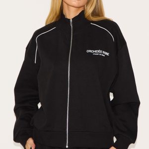 Black Premium Piping Detail High Neck Zip Through Sweatshirt