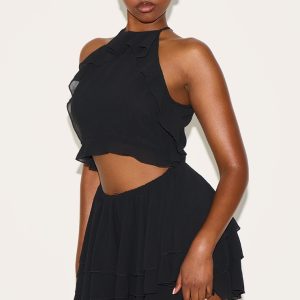 Black Halterneck Frill Cut Out Shift Dress