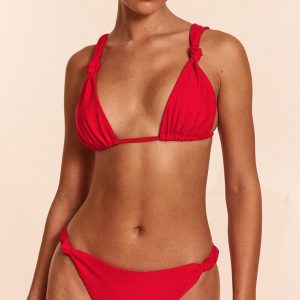 Red Ruched Knot Detail Tanga Bikini Bottoms
