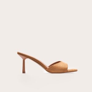 Wide Fit Camel Faux Suede Round Toe Mid Stiletto Heeled Mules