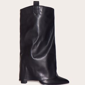 Black Wide Fit Pu Point Toe Fold Over High Heeled Calf High Boots