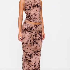 Mauve Floral Print Devore Mesh Ruched Maxi Skirt