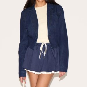Petite Dark Indigo Cropped Cinched Waist Denim Blazer
