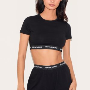 PRETTYLITTLETHING Black Tape Short Sleeve Pj Top