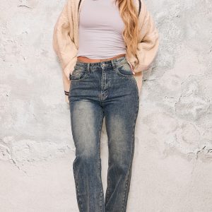 Indigo Vintage Wash Frayed Hem Straight Leg Jeans