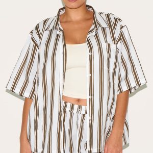 Plus Beige Striped  Oversized Shirt