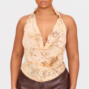 Plus Cream Devore Cowl Neck Top