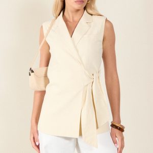 Cream Linen Look Tie Waist Waistcoat