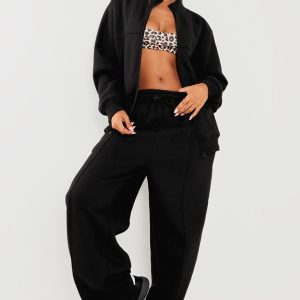 Petite Black Seam Detail Straight Leg Joggers