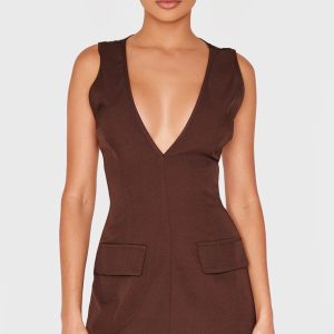 Chocolate Plunge Pocket Detail Mini Dress
