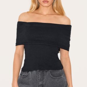 Black Ribbed Foldover Bardot Top