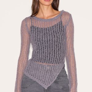 Charcoal Ladder Knit Sheer Asymmetric Hem Top