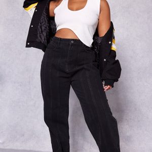Plus Washed Black Seam Detail Straight Leg Jeans