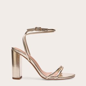 Gold Wide Fit Metallic PU Round Toe Barely There Block High Heeled Sandals - Gold, 6