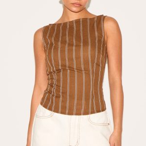 Petite Chocolate Woven Pinstripe Boatneck Top