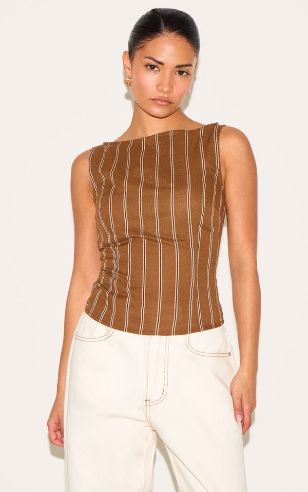 f85b82776d83c4bbfe44b938f525af4f7313db38_CNM3442_1_petite_chocolate_woven_pinstripe_boatneck_top