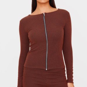 Chocolate Rib Longline Zip Up Top