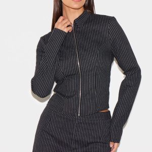 Black Woven Tailored Pinstripe Ruched Zip Up Top