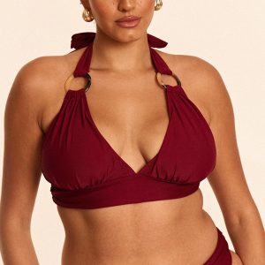 Plus Burgundy O Ring Detail Ruched Triangle Bikini Top
