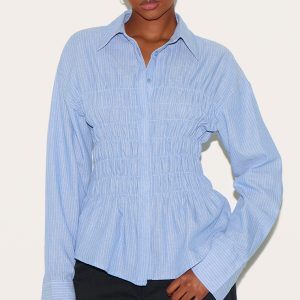 Blue Shirred Striped Fitted Shirt