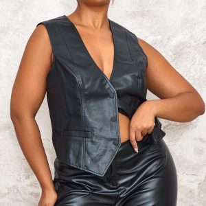Plus Black Faux Leather Fitted Waistcoat