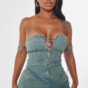 Shape Vintage Wash Denim Lace Up Front Corset
