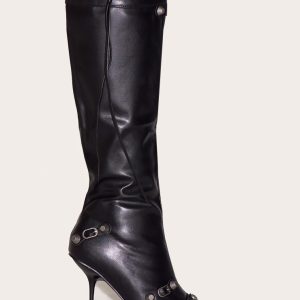 Black PU Zip Detail Point Toe High Heeled Knee Boots