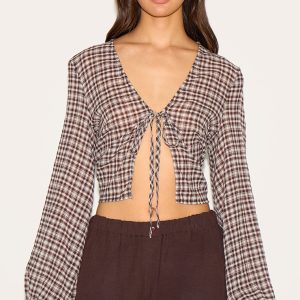 Brown Tie Front Gingham Blouse