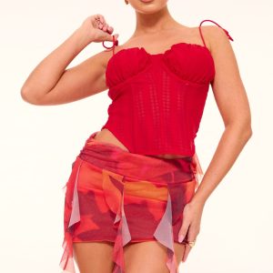 Red Floral Printed Ruffle Hem Mini Skirt
