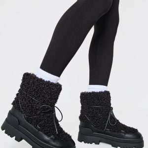 Black Borg Round Toe Chunky Sole Ankle Boots