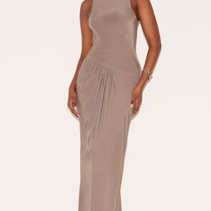 Mocha Double Layer Slinky Drop Waist Ruched Maxi Dress