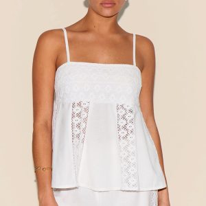Petite White Linen Look Crochet Side Detail Top