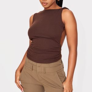 Chestnut Contour Jersey Twist Shoulder Backless Long Top