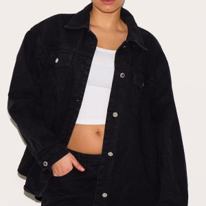 Plus Washed Black Long Sleeve Denim Shirt