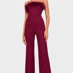 Burgundy Faux Fur Bandeau Straight Leg Jumpsuit