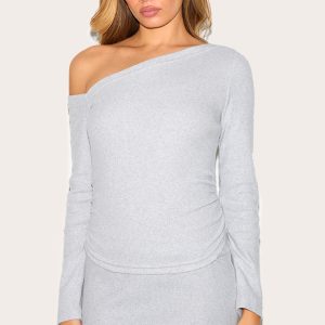 Grey Marl Rib Slouchy Asymmetric Ruched Long Sleeve Top