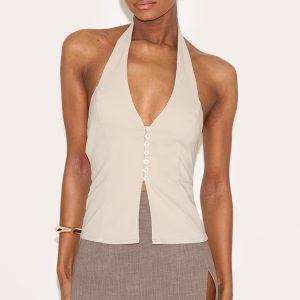 Stone Bengaline Button Up Halterneck Long Top
