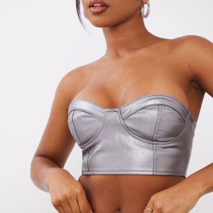 Gunmetal Metallic Look Coated Denim Bandeau Top