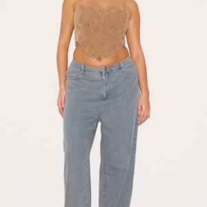 Plus Washed Blue Pinstripe Denim Boyfriend Straight Leg Jeans