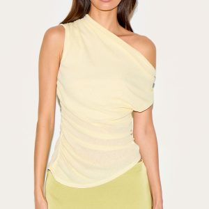 Butter Yellow Burnout Mesh Asymmetric Hem Long Top
