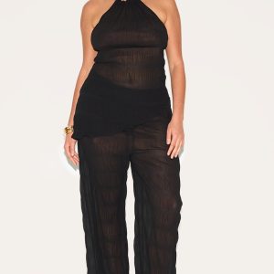 Plus Black Textured Sheer Woven Mid Rise Straight Leg Trouser