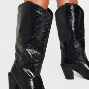 Black PU Wide Fit Croc Point Toe Knee High Western Boots