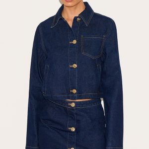 Tall Dark Indigo Button Trim Long Sleeve Denim Shirt